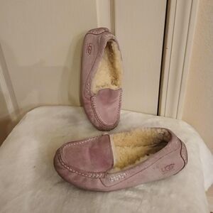 Pinkish purple suede UGG Ansley moccasin slippers plush sherpa wool lining